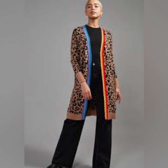 Orwell + Austen Sweaters - Orwell + Austen- Leopard Print long Cardigan with Rainbow Trim
